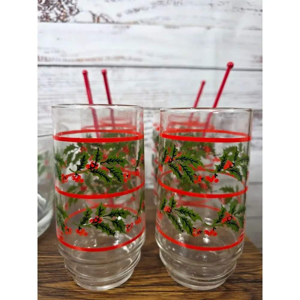 Vintage Indiana Glass Christmas Holly Hostess Set Ice Bucket Glasses READ